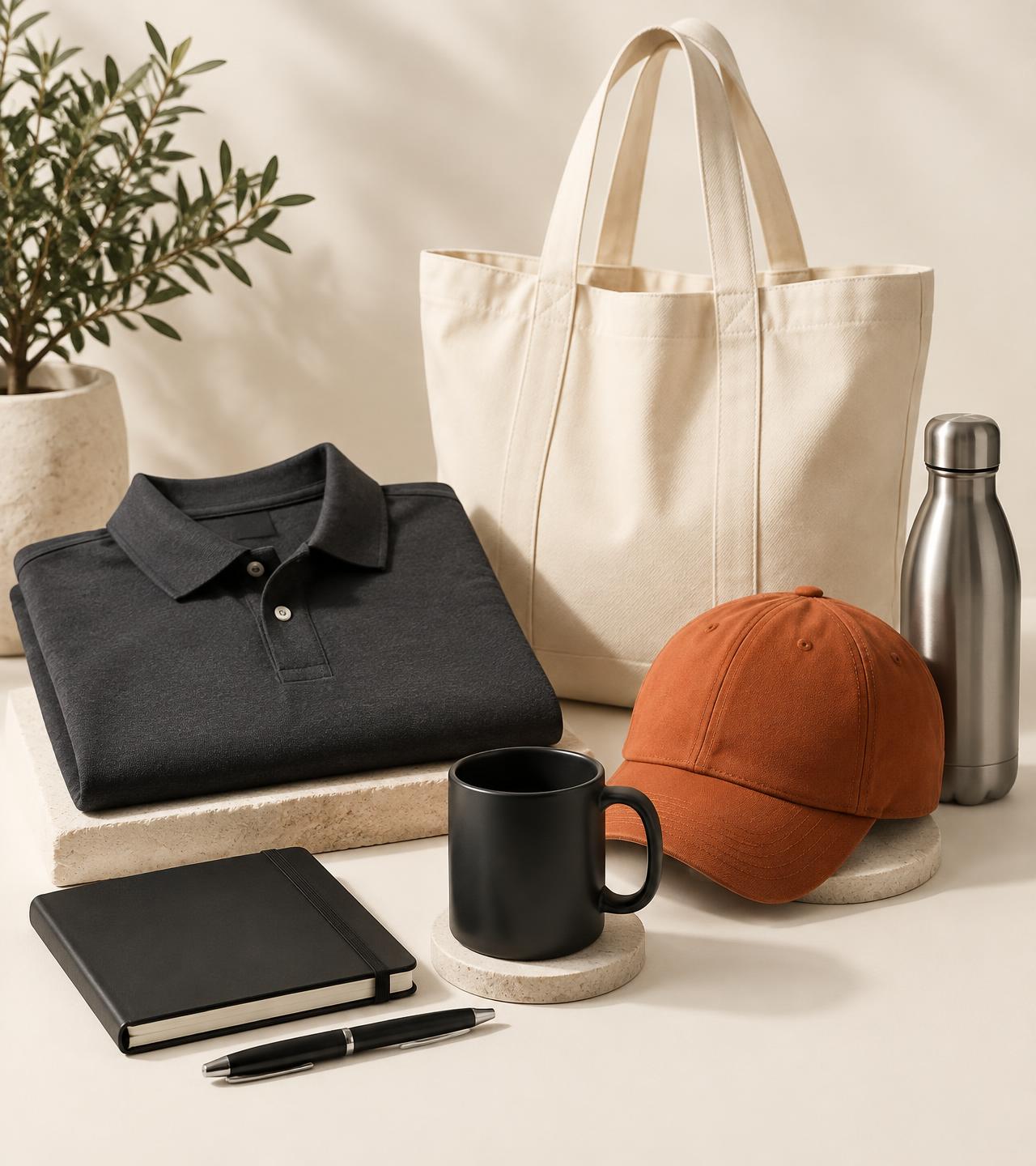 Curated branded merchandise: polo shirt, tote bag, cap, mug, flask, notebook and pen